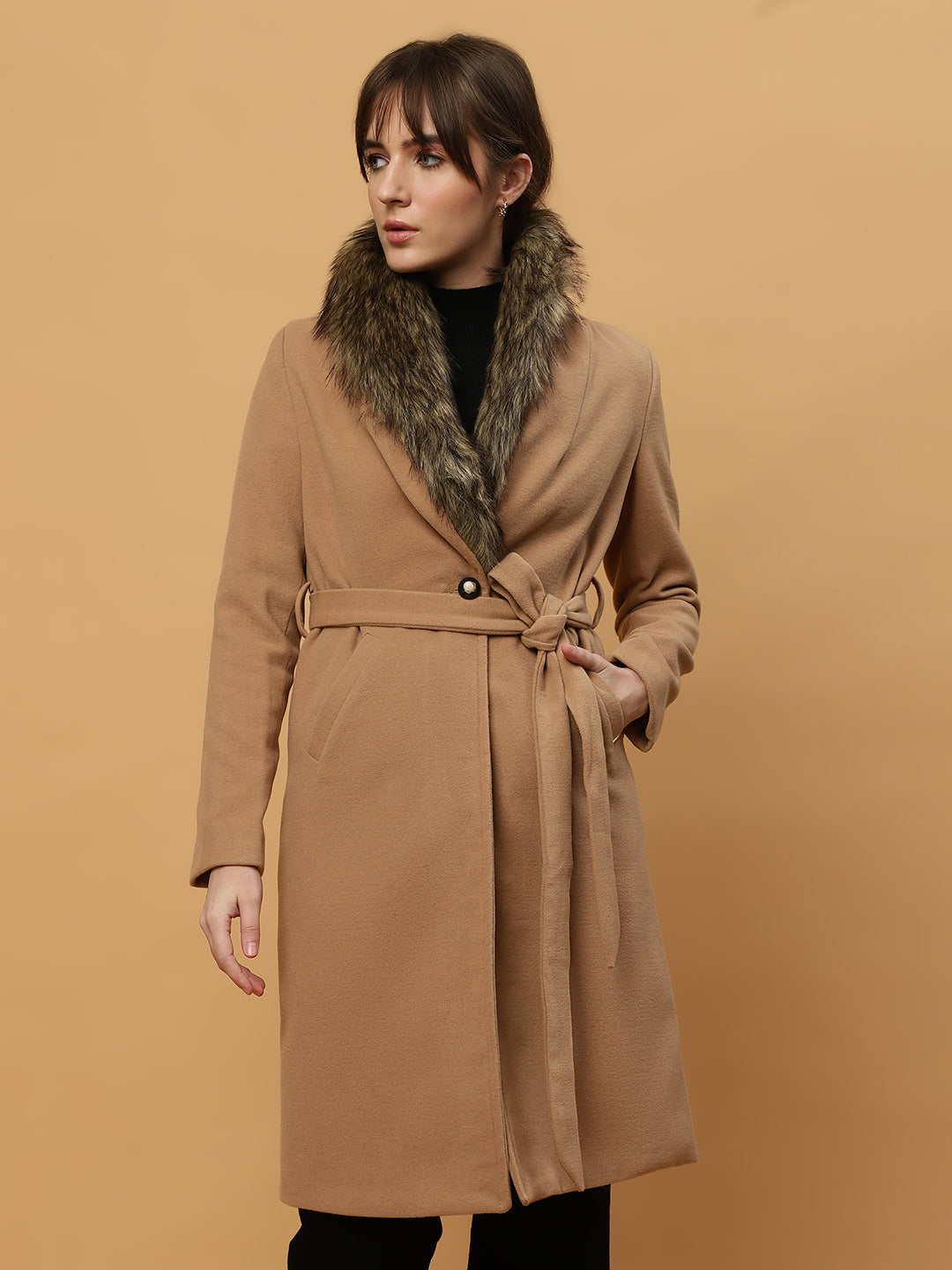 Fur collar clearance belted coat