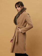 Beatnik Belted Wool Blend Coat with Faux Fur Collar Sandy Brown Blazer