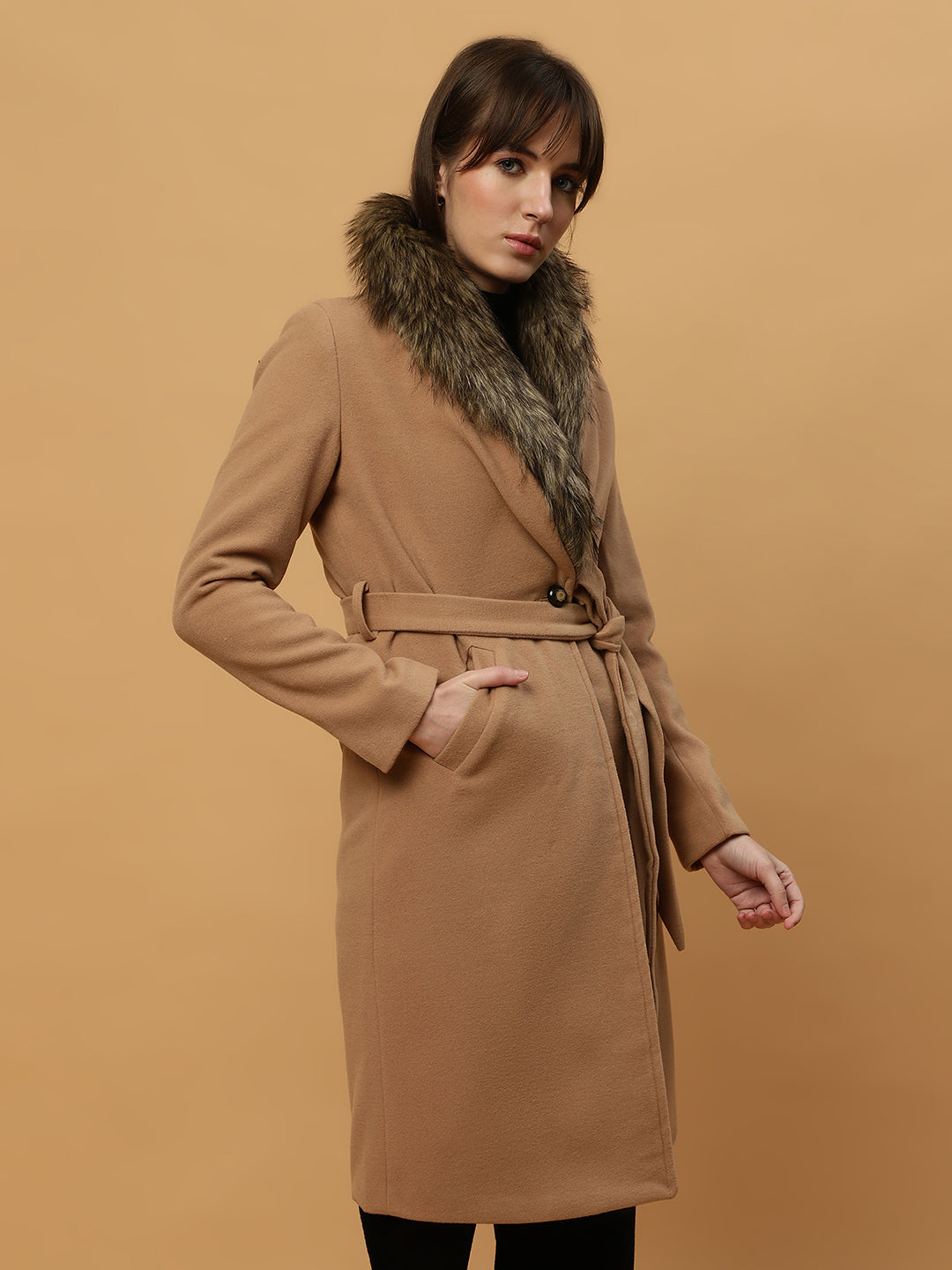 Beatnik Belted Wool Blend Coat with Faux Fur Collar Sandy Brown Blazer