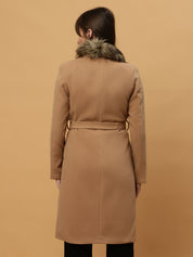 Beatnik Belted Wool Blend Coat with Faux Fur Collar Sandy Brown Blazer