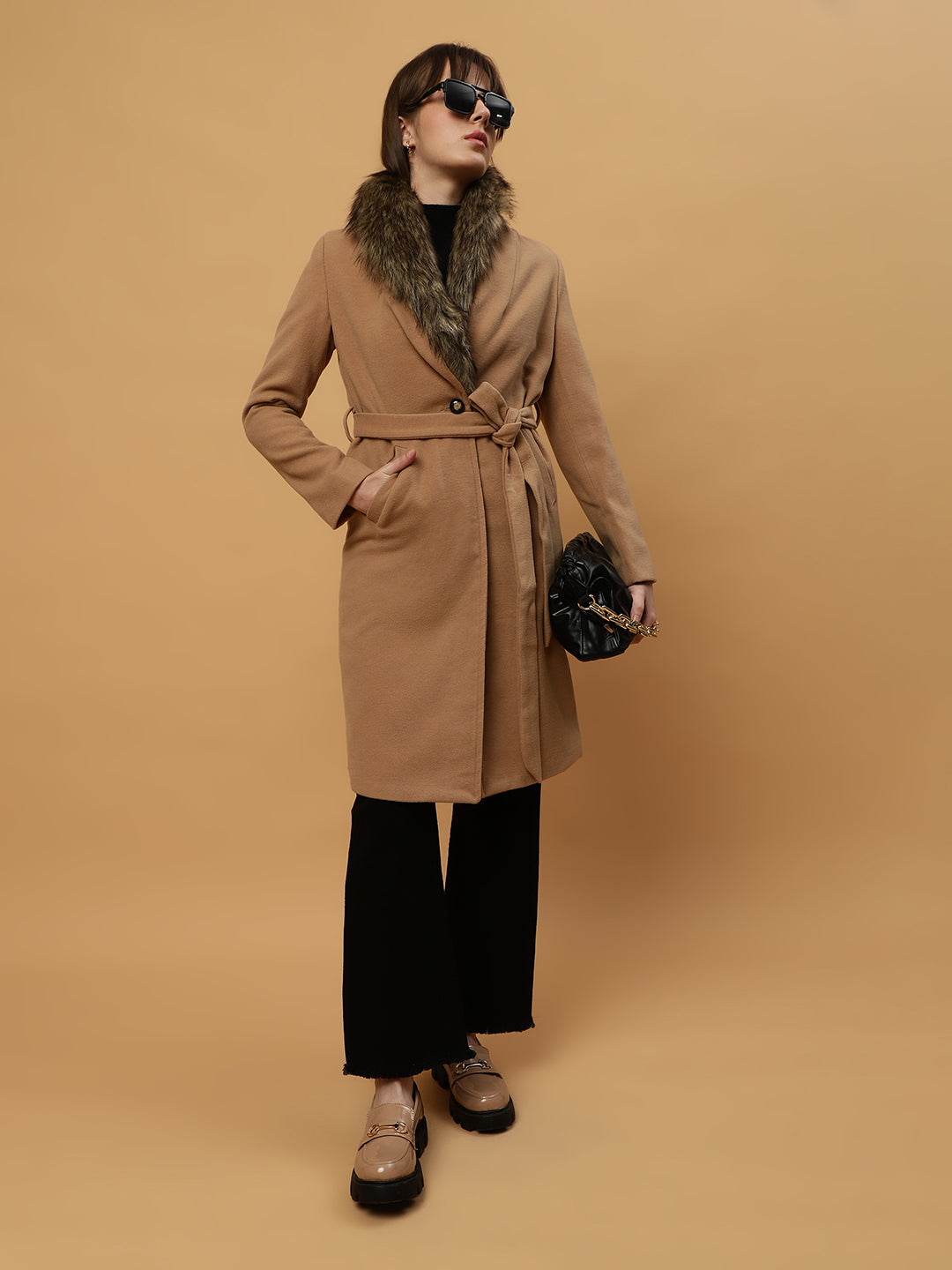 Beatnik Belted Wool Blend Coat with Faux Fur Collar Sandy Brown Blazer