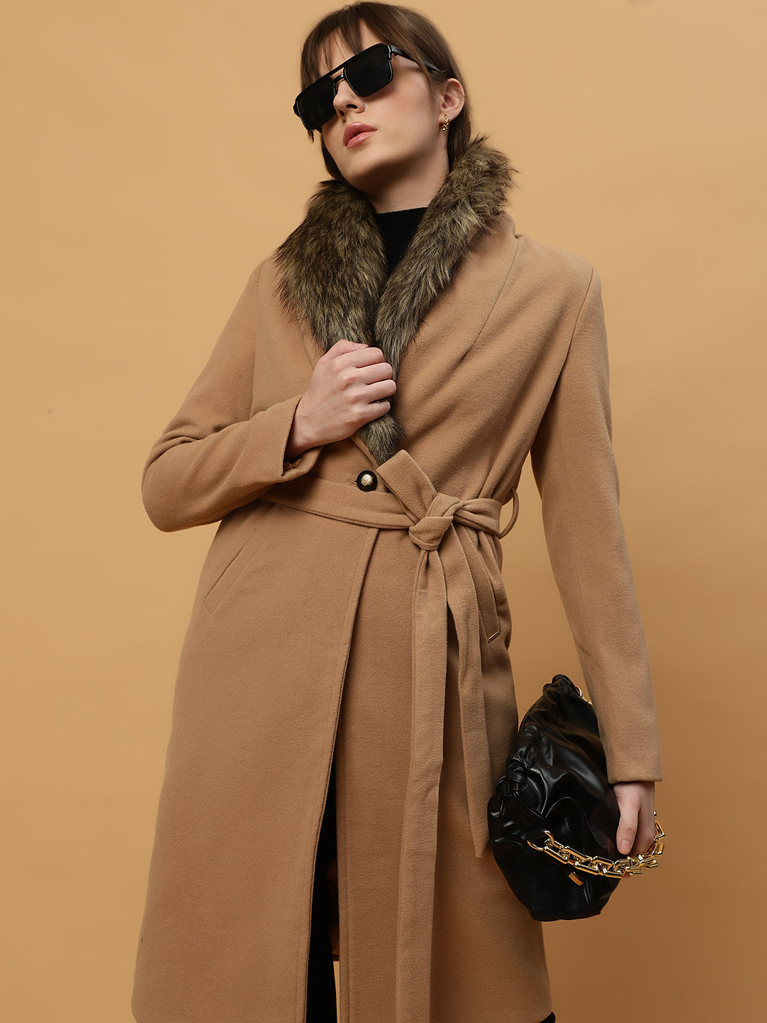 Beatnik Belted Wool Blend Coat with Faux Fur Collar Sandy Brown Blazer