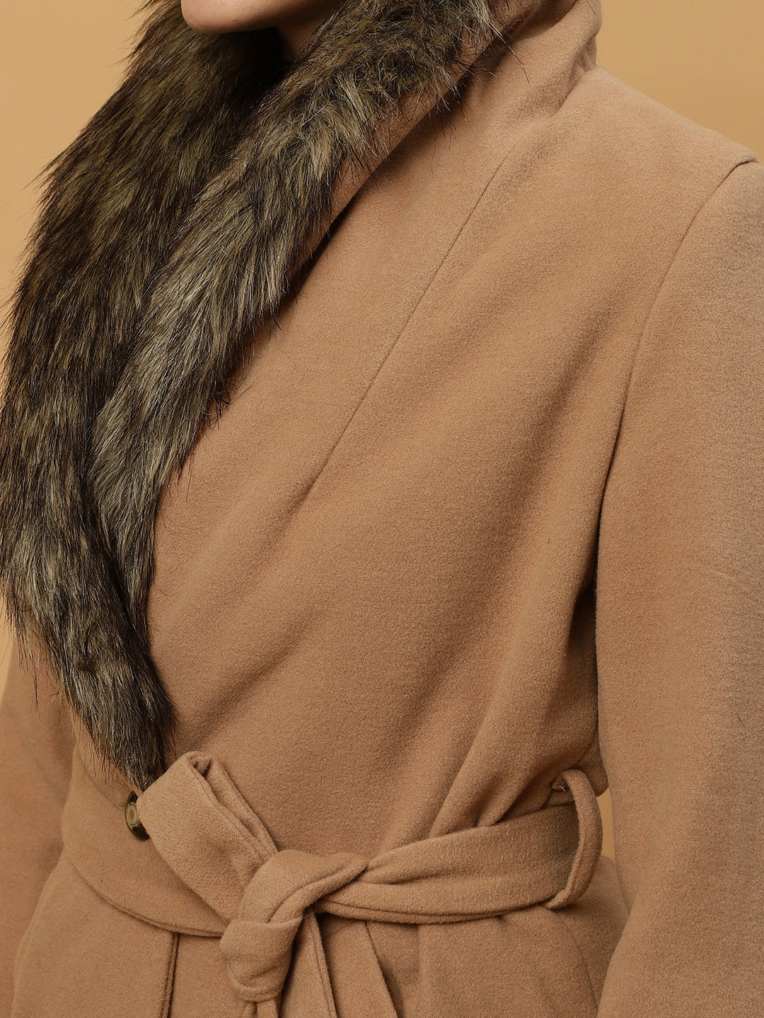 Beatnik Belted Wool Blend Coat with Faux Fur Collar Sandy Brown Blazer