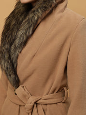 Beatnik Belted Wool Blend Coat with Faux Fur Collar Sandy Brown Blazer