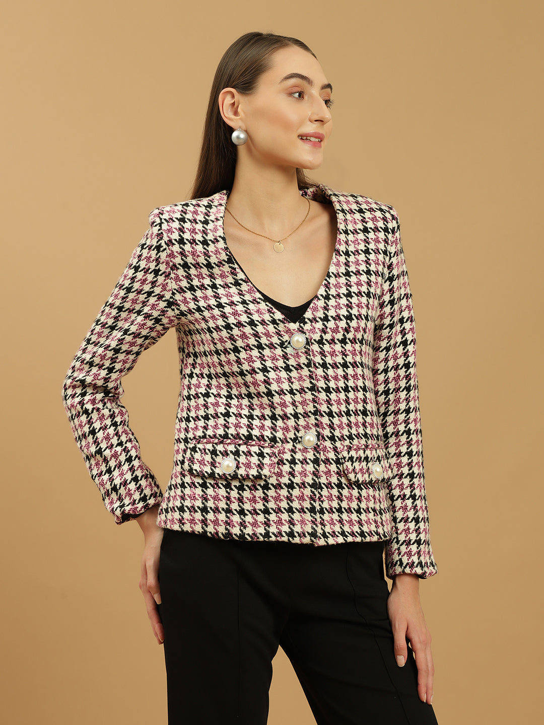 Beatnik Front Open Regular Checkered Womens Blazers