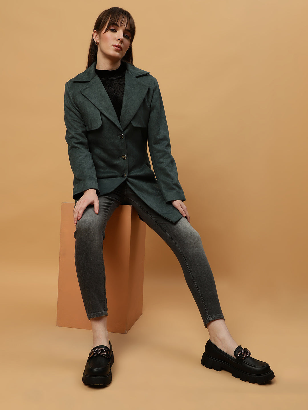 Beatnik Shawl Collar Full Sleeve Front Open Dark Green Blazer