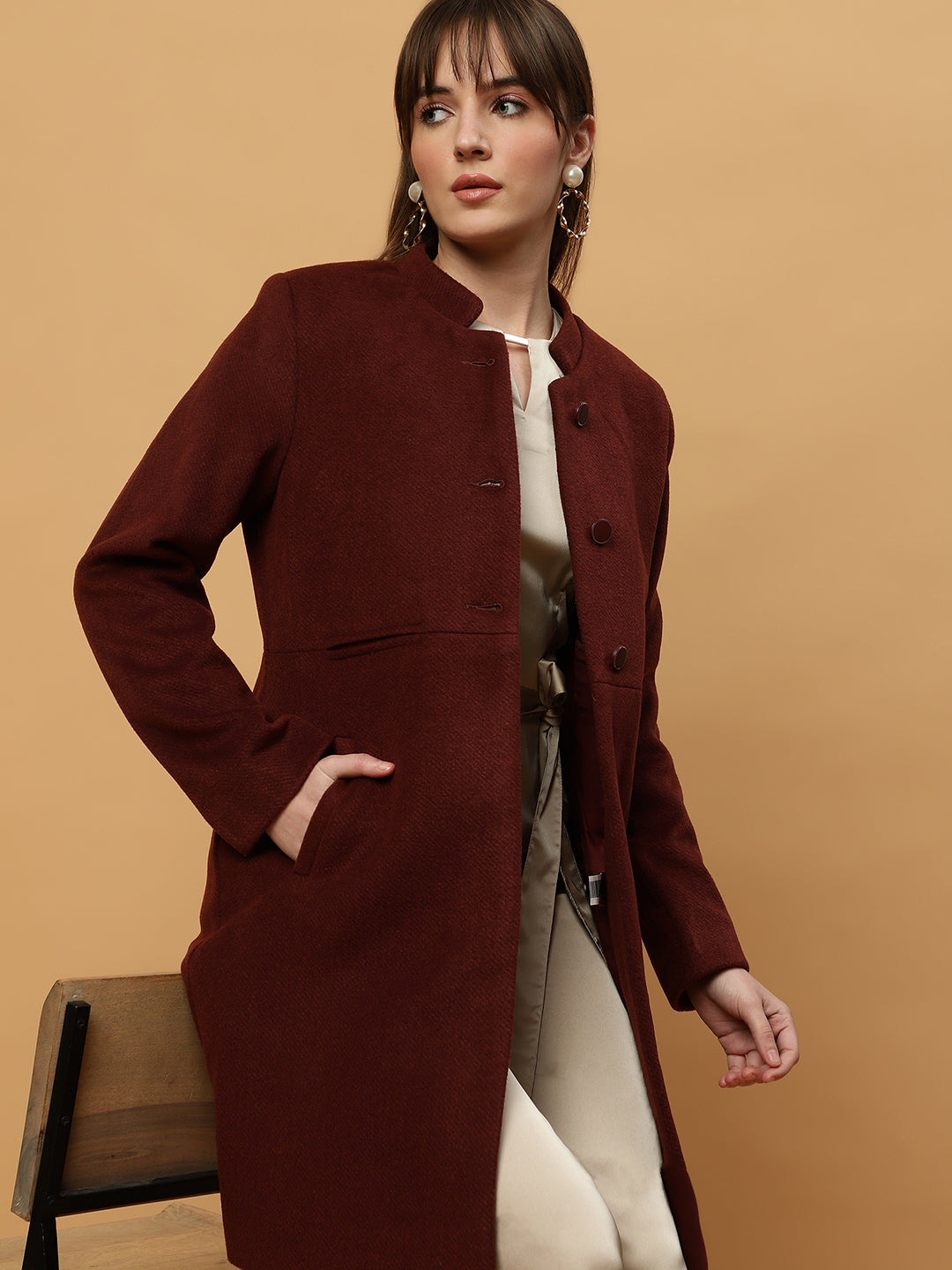 Beatnik Collared Full Sleeve Three Button Blazer Maroon Blazer