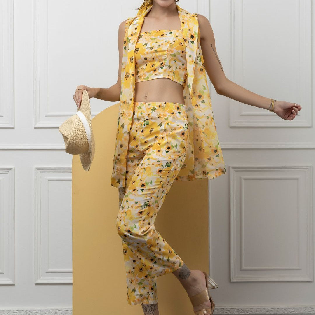 Beatnik Yellow Printed 3 Piece Coord Set Beatnik India