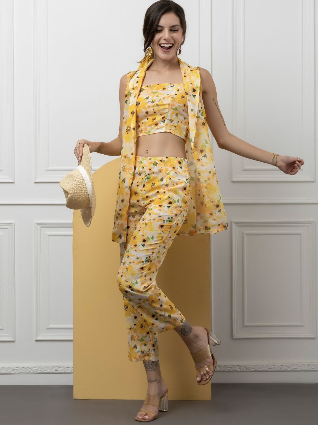 Beatnik Yellow Printed 3 Piece Coord Set