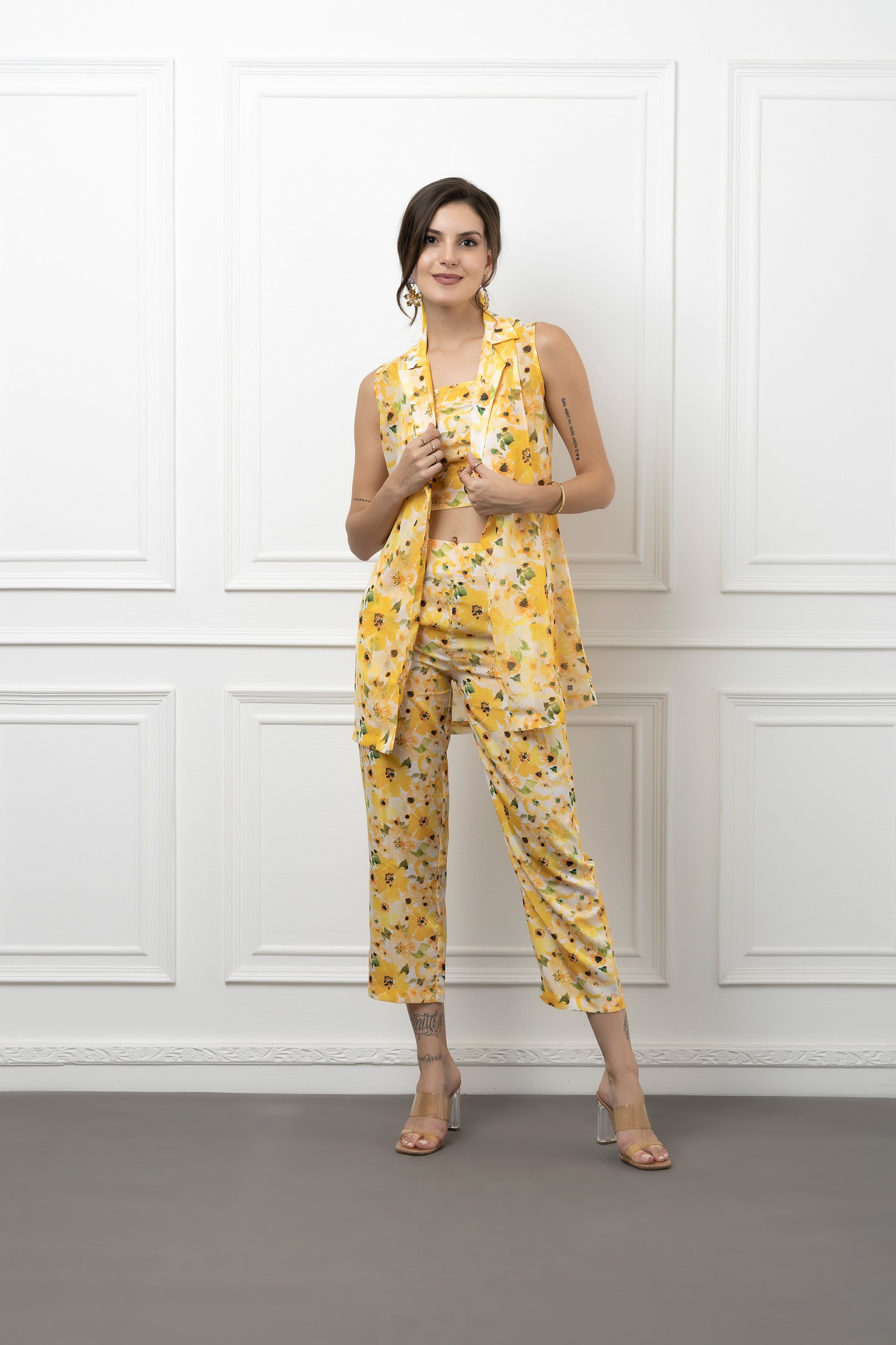 Beatnik Yellow Printed 3 Piece Coord Set