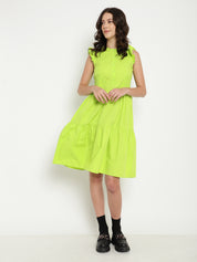 A-Line Solid Lime Green Dress in Cotton Poplin