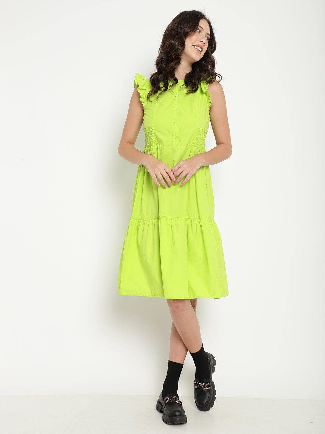 A-Line Solid Lime Green Dress in Cotton Poplin