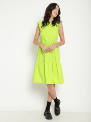 A-Line Solid Lime Green Dress in Cotton Poplin