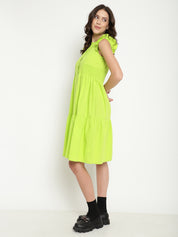 A-Line Solid Lime Green Dress in Cotton Poplin