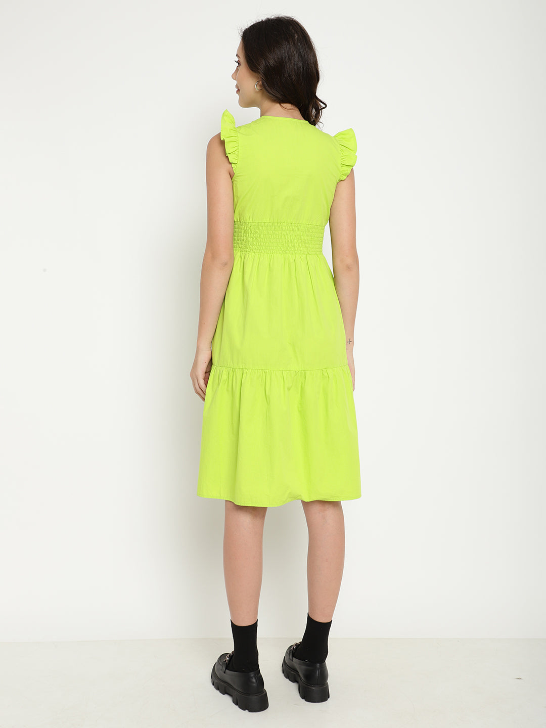 A-Line Solid Lime Green Dress in Cotton Poplin