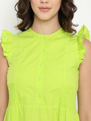 A-Line Solid Lime Green Dress in Cotton Poplin