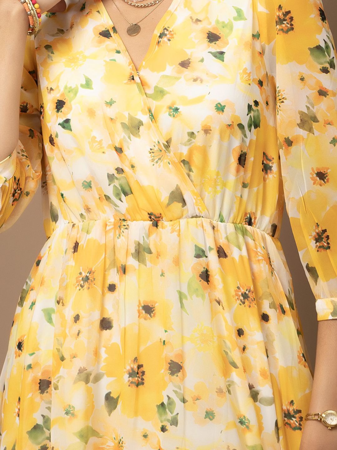 Charming A-Line Floral Print Yellow Dress with V neck