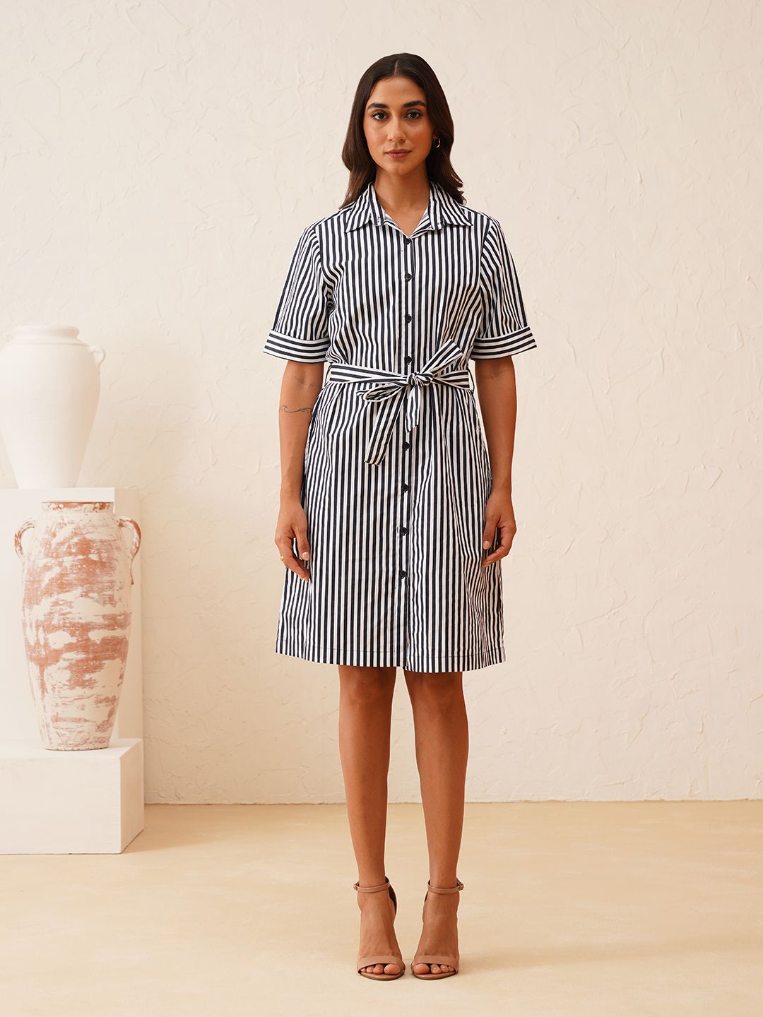 Effortless Style White and Navy Striped Shirt Dress