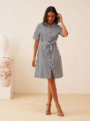 Effortless Style White and Navy Striped Shirt Dress