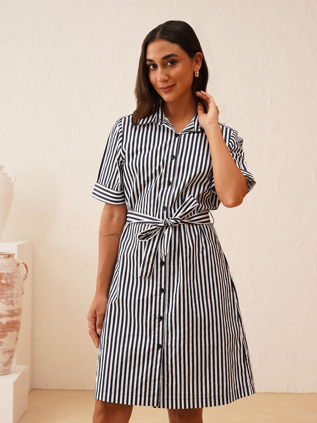 Effortless Style White and Navy Striped Shirt Dress