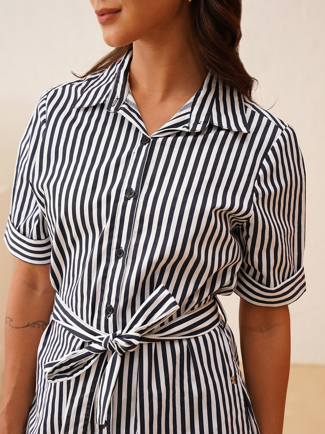 Effortless Style White and Navy Striped Shirt Dress