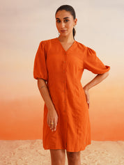 Vibrant Orange Linen Blend A-Line Dress