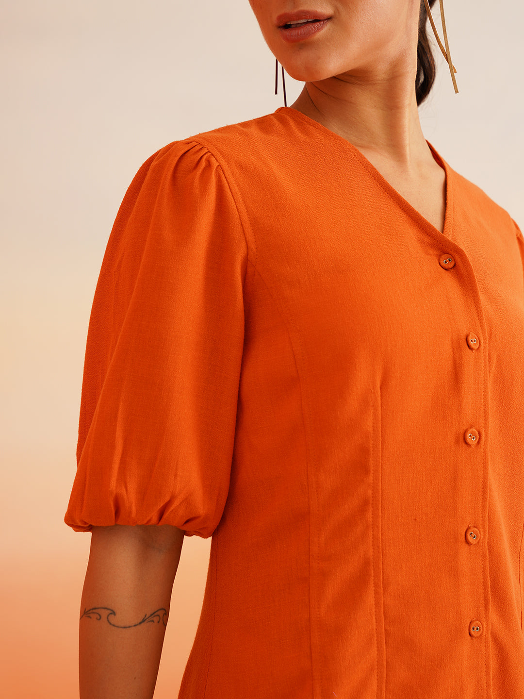 Vibrant Orange Linen Blend A-Line Dress