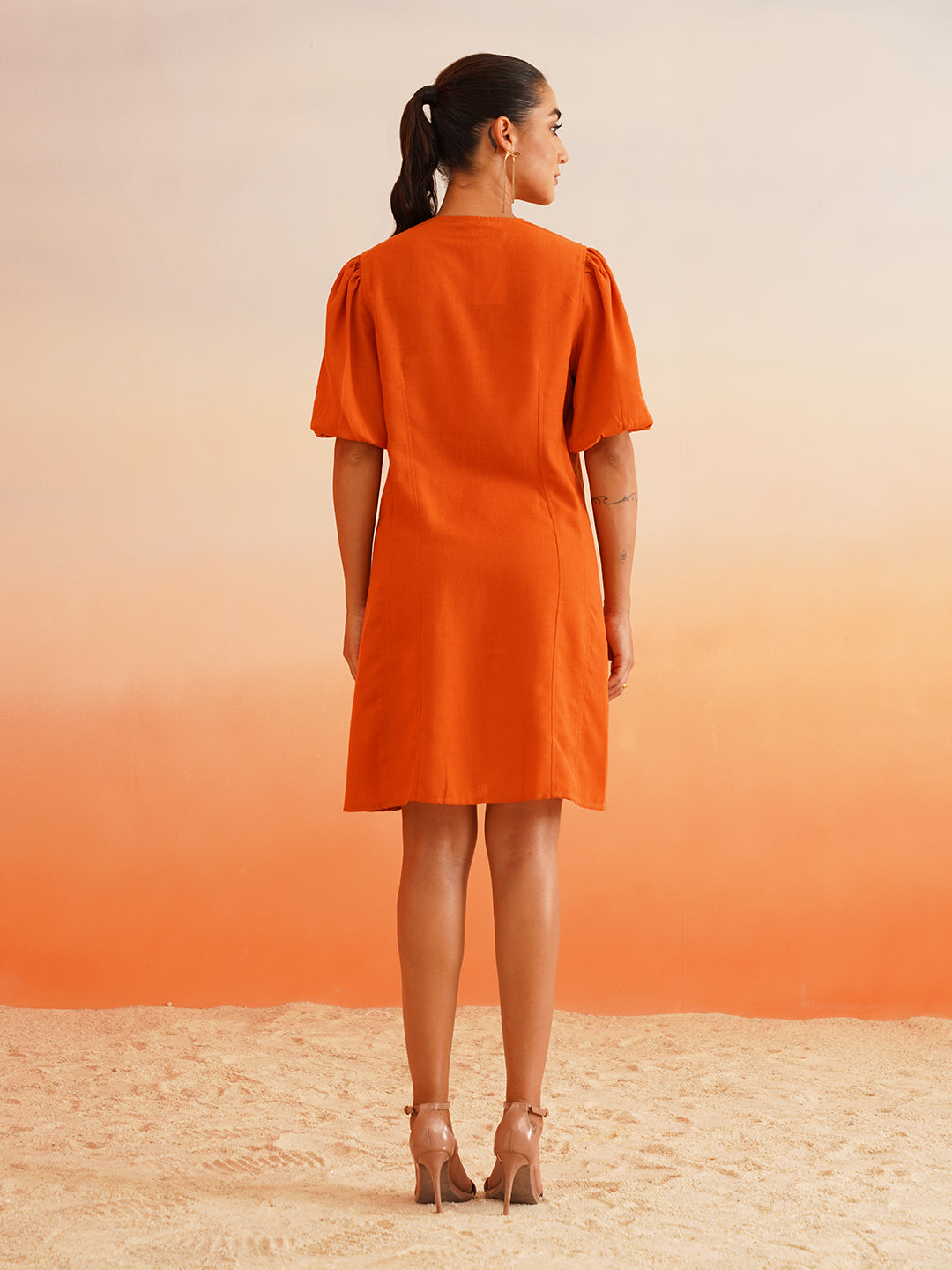 Vibrant Orange Linen Blend A-Line Dress