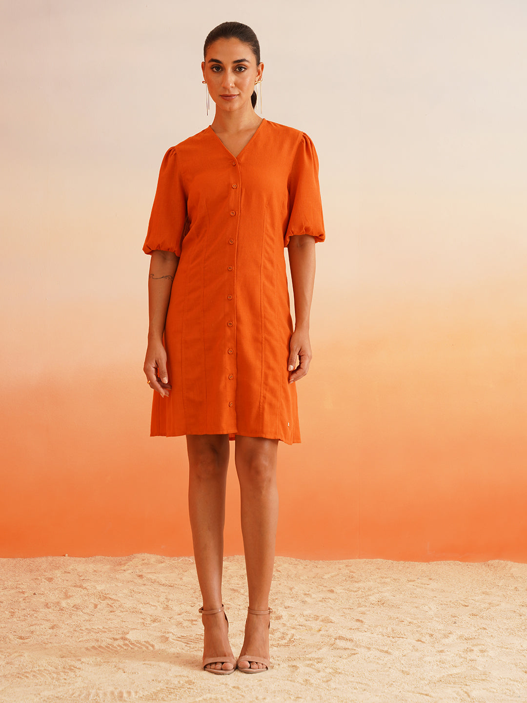 Vibrant Orange Linen Blend A-Line Dress