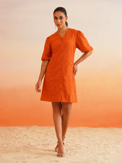 Vibrant Orange Linen Blend A-Line Dress