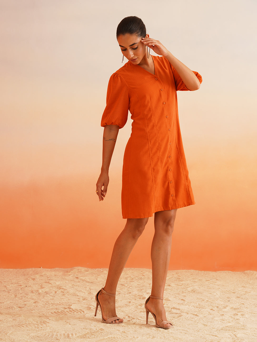 Vibrant Orange Linen Blend A-Line Dress