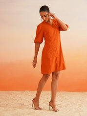 Vibrant Orange Linen Blend A-Line Dress