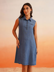 Classic Knee-Length Denim Dress with Shirt Collar