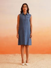 Classic Knee-Length Denim Dress with Shirt Collar