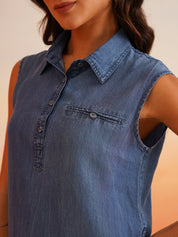 Classic Knee-Length Denim Dress with Shirt Collar