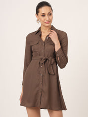 Beatnik Mini Shirt Saddle Brown Dress with Pockets