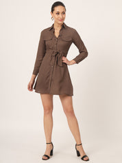 Beatnik Mini Shirt Saddle Brown Dress with Pockets