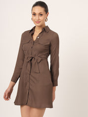 Beatnik Mini Shirt Saddle Brown Dress with Pockets