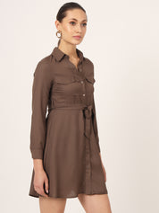 Beatnik Mini Shirt Saddle Brown Dress with Pockets