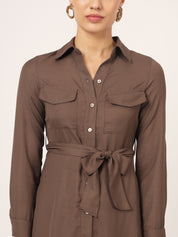 Beatnik Mini Shirt Saddle Brown Dress with Pockets