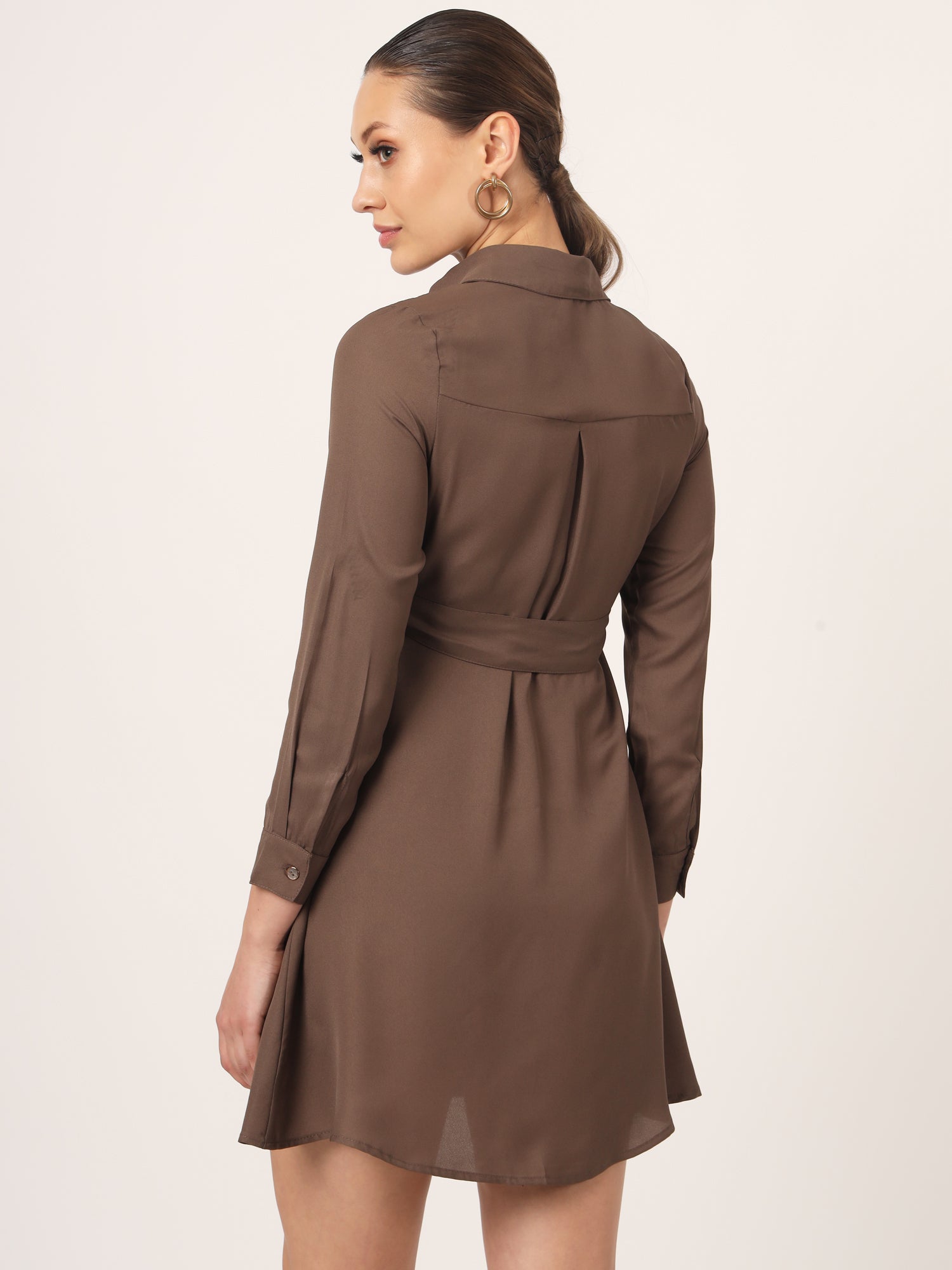 Beatnik Mini Shirt Saddle Brown Dress with Pockets