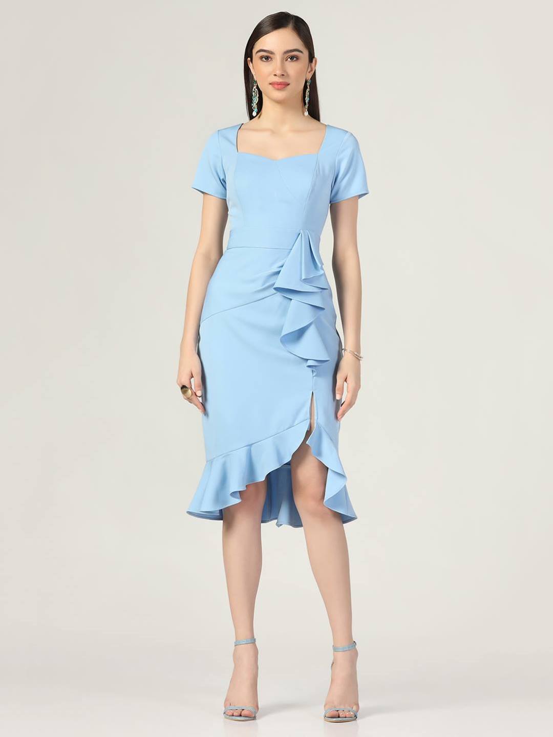 Summer Casual Sweetheart Neck Bodycon Ruffle Style Light Blue Midi Dress