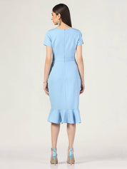 Summer Casual Sweetheart Neck Bodycon Ruffle Style Light Blue Midi Dress