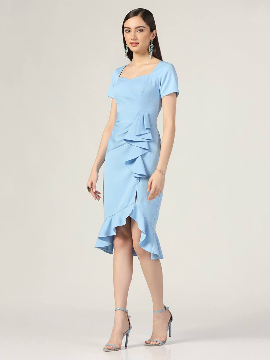 Summer Casual Sweetheart Neck Bodycon Ruffle Style Light Blue Midi Dress