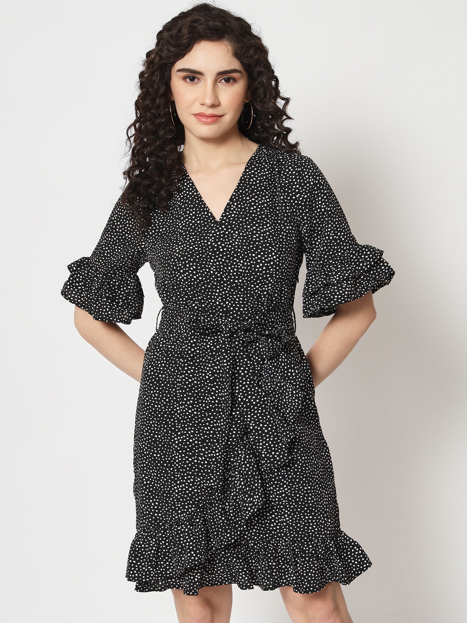 Beatnik Polka Dot Chic V-neck Mid-Length Black Dress