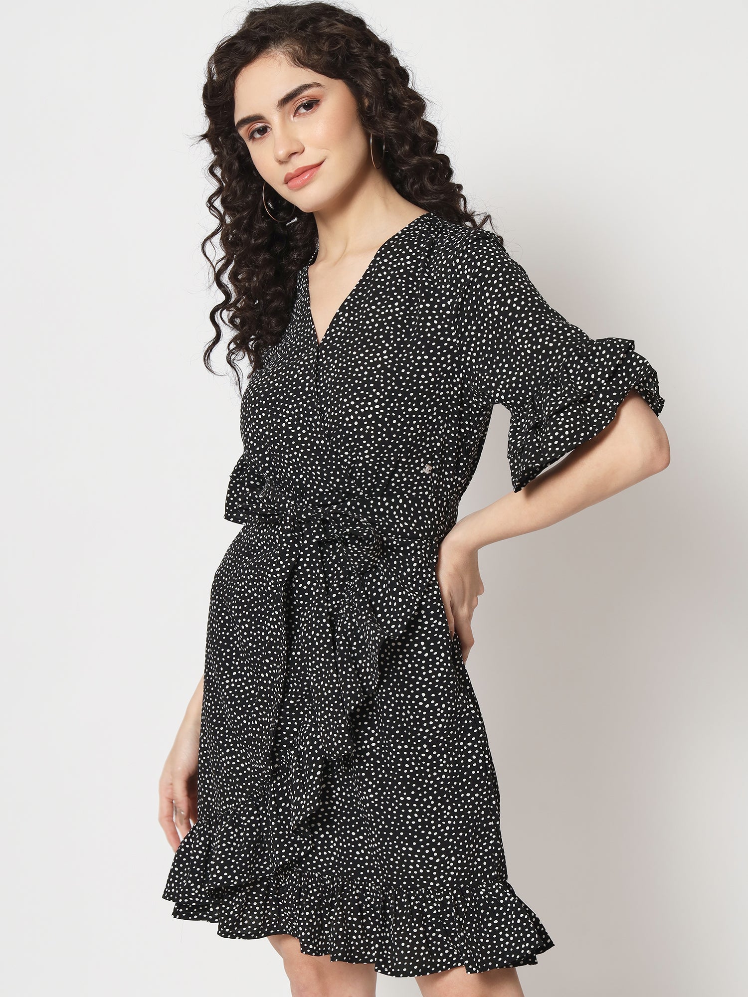 Beatnik Polka Dot Chic V-neck Mid-Length Black Dress