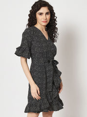 Beatnik Polka Dot Chic V-neck Mid-Length Black Dress