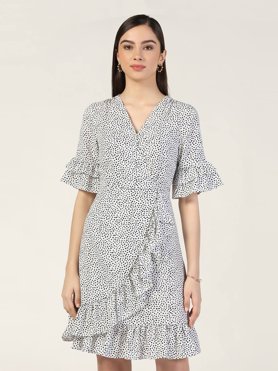 Beatnik Polka Dot Chic V-neck Mid-Length White Dress