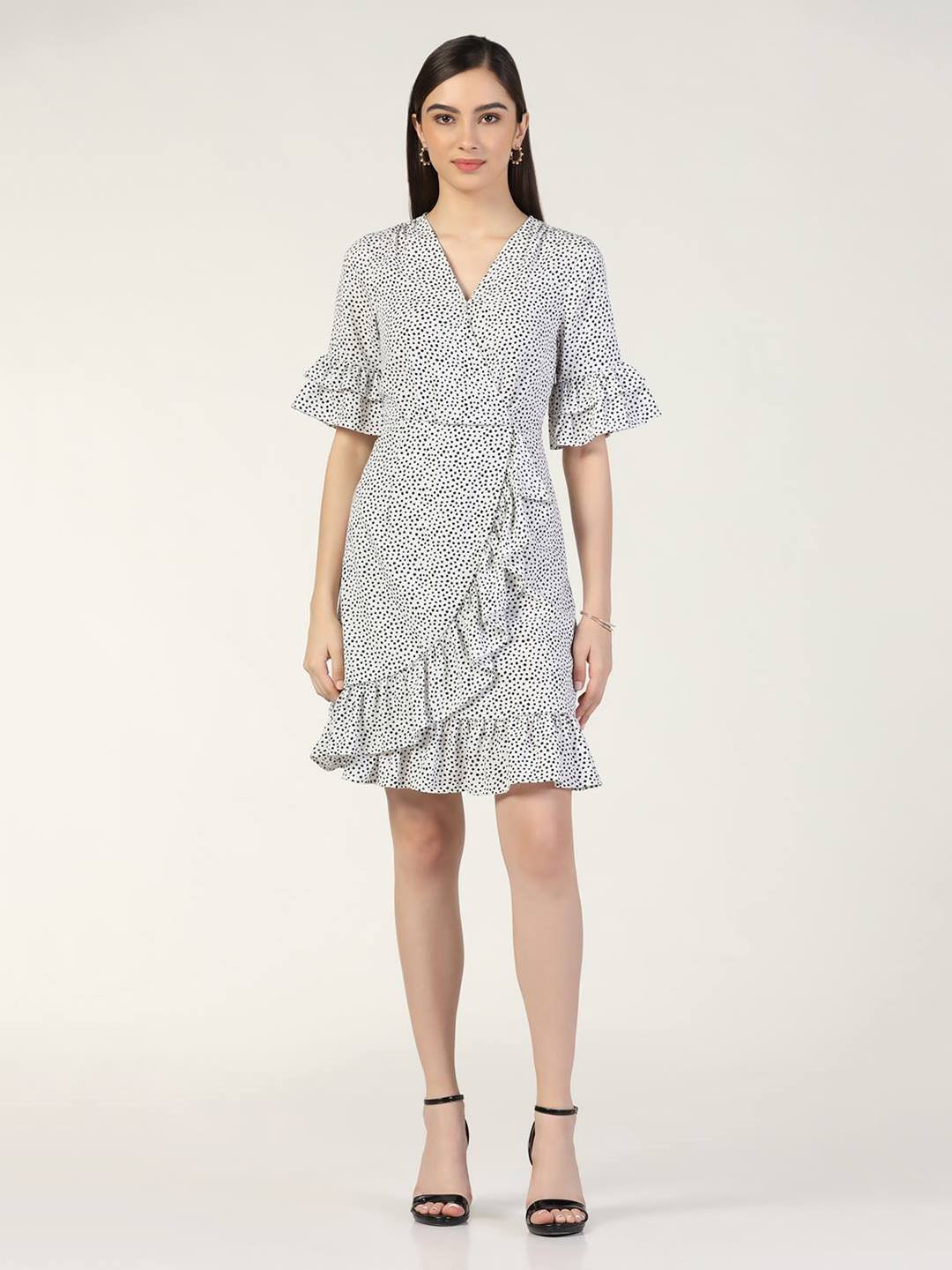 Beatnik Polka Dot Chic V-neck Mid-Length White Dress