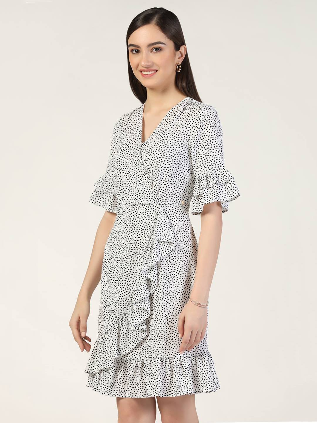 Beatnik Polka Dot Chic V-neck Mid-Length White Dress